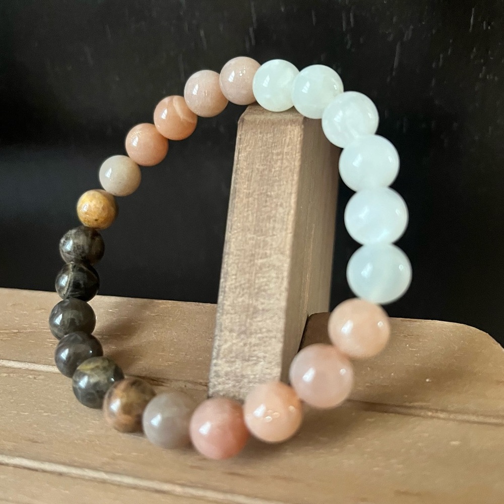 Moonstone & Sunstone Natural Stone Crystal 8mm Round Beaded Stretch Bracelet #2